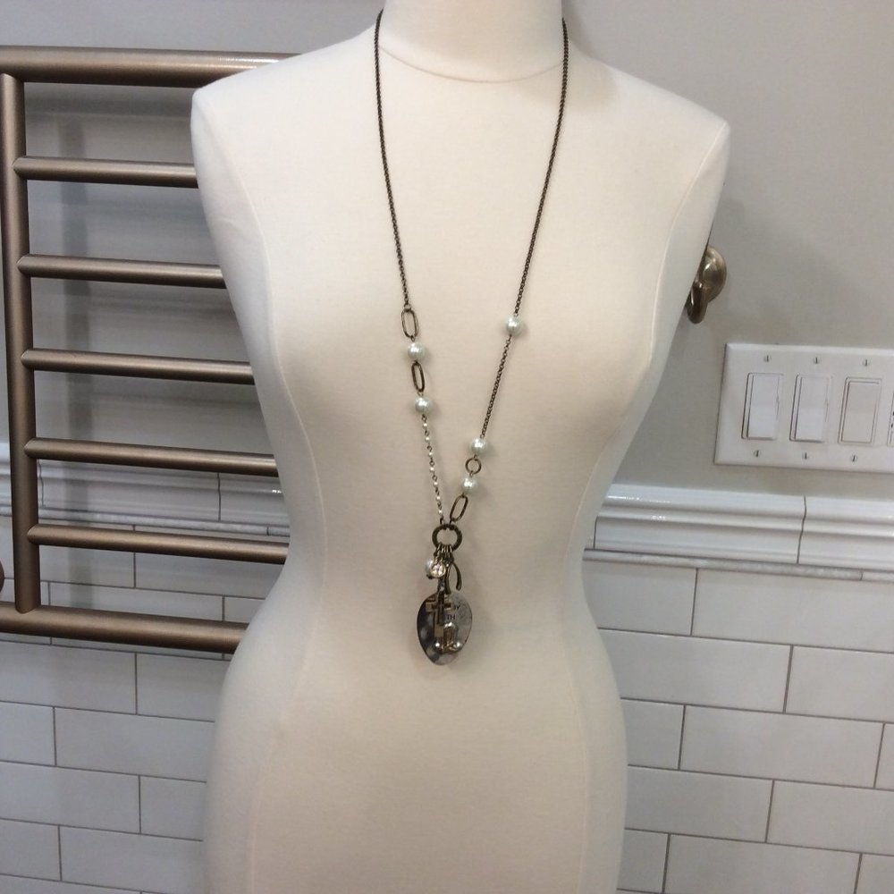 Antique Silver & Gold Cowboy Faith Necklace with Charms & Pearls.